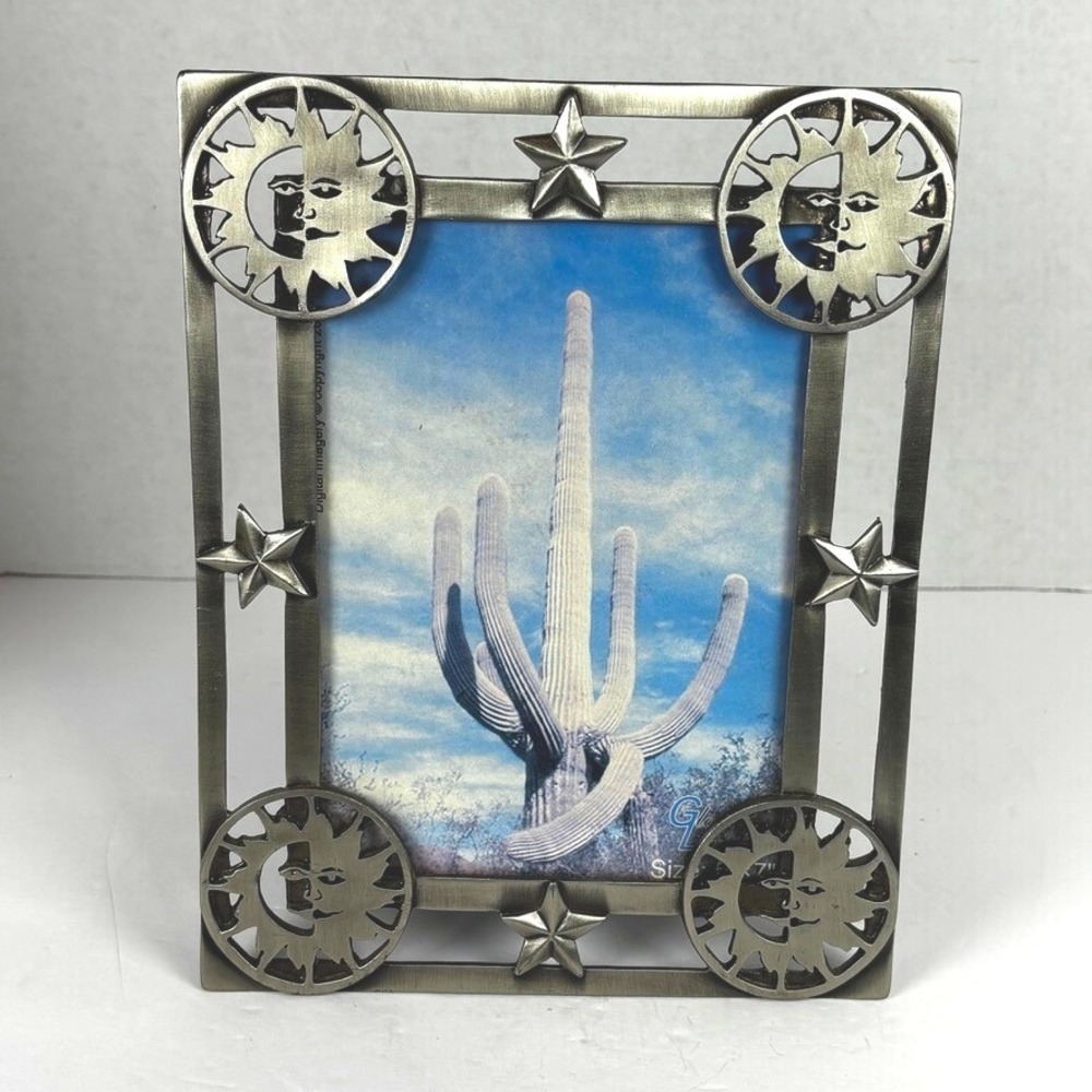 Vtg 90s Celestial Sun Moon Stars Pewter-Tone PhotoFrame 5x7 Whimsygoth Astonomy